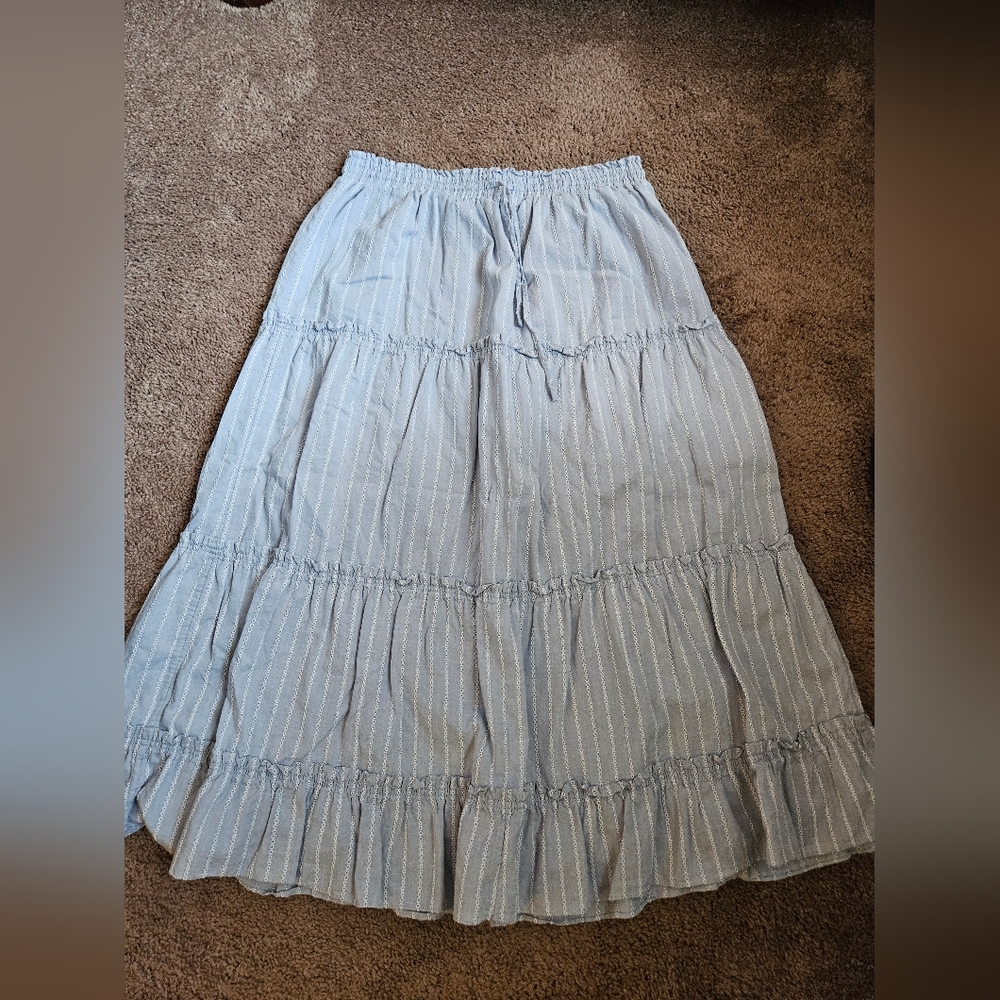 Madewell Striped Pull-On Ruffle Tiered Maxi Skirt size medium Blue